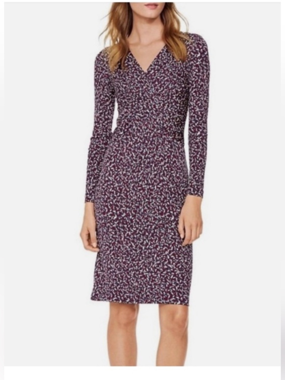 New Tory Burch Silk navy/burgundy Printed Long-Sleeve V-Neck Dress. Size S.